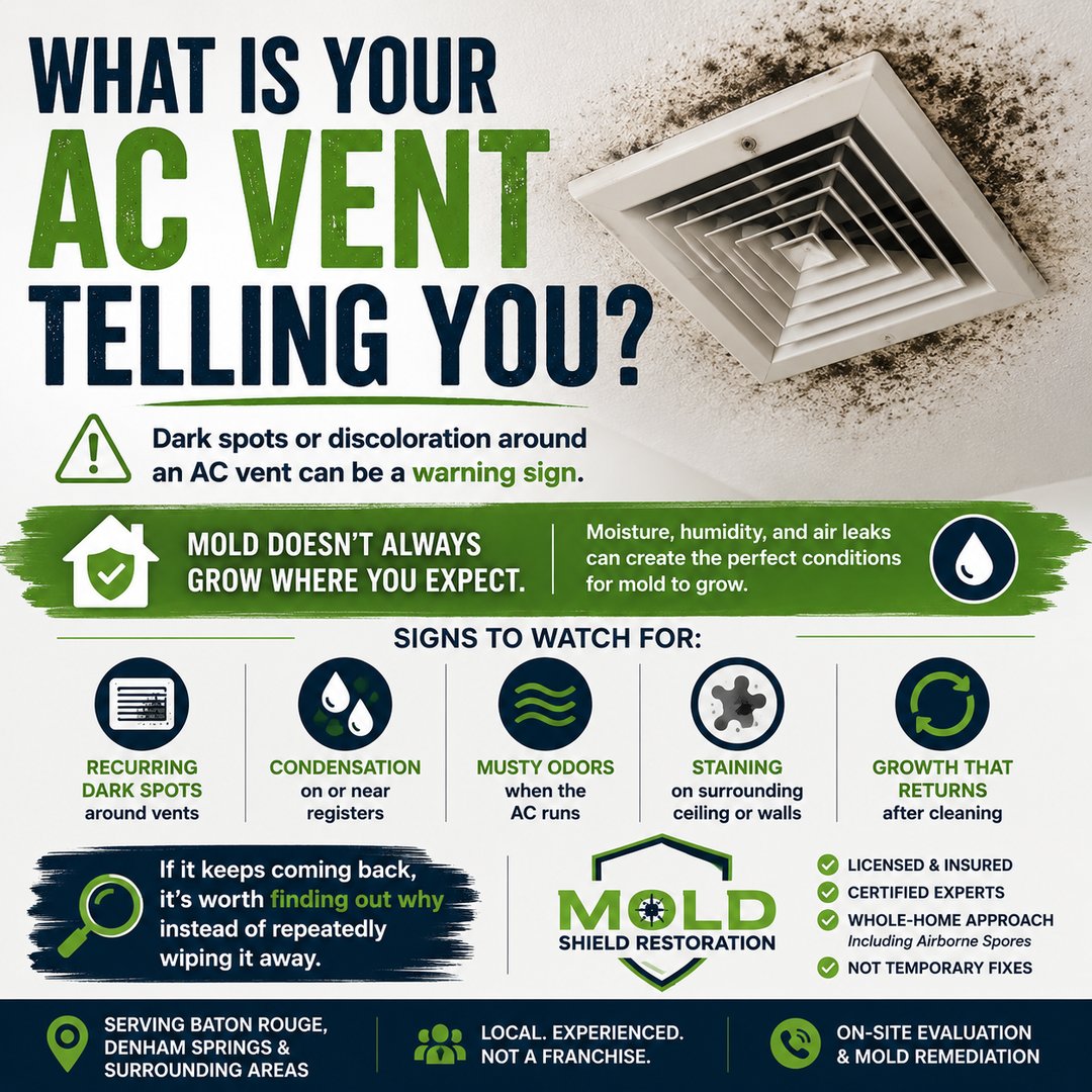 Graphic of a ceiling AC vent with dark growth around it, and signs to watch for: recurring dark spots, condensation, musty odors when the AC runs, staining, and growth that returns after cleaning