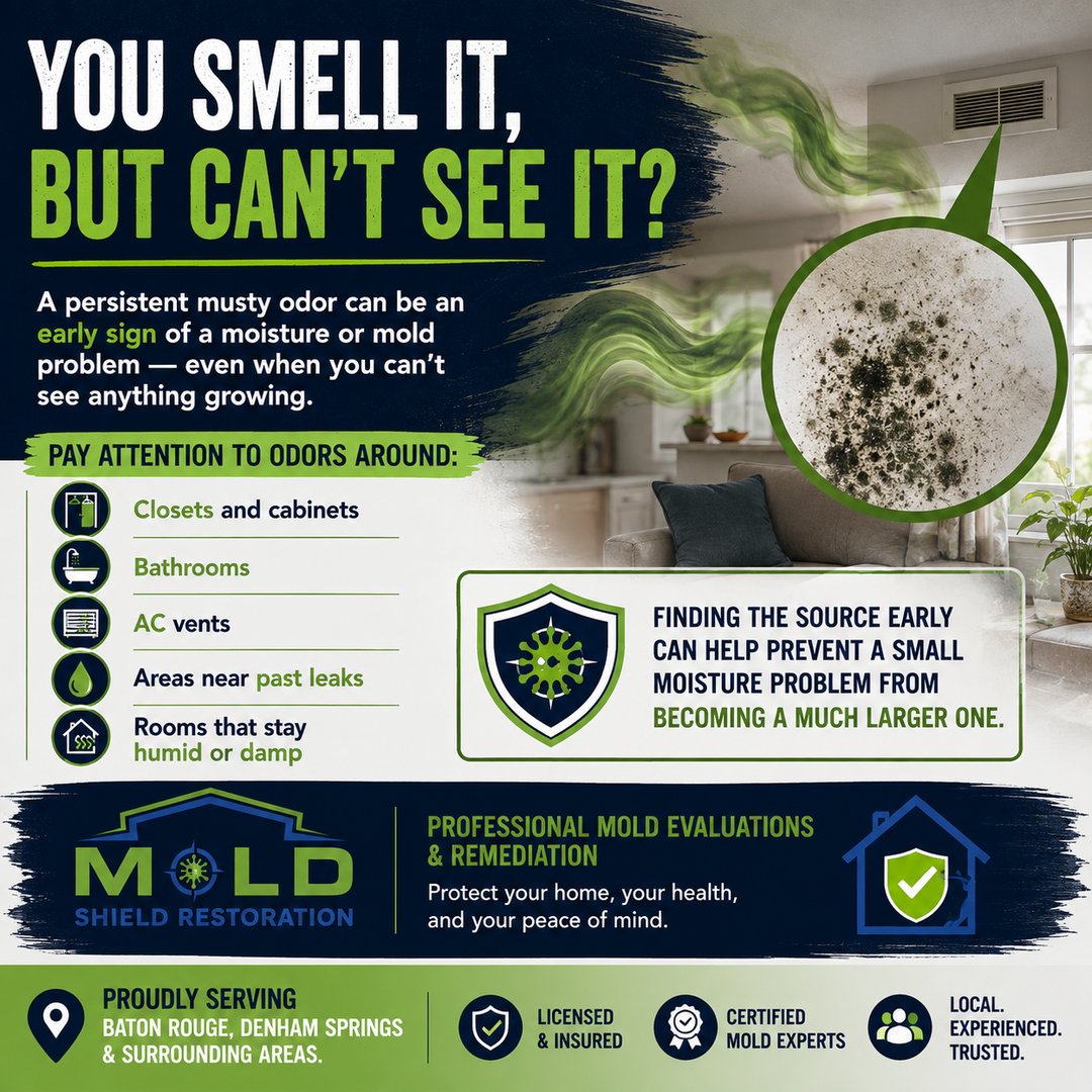 Graphic listing where a musty smell usually comes from: closets and cabinets, bathrooms, AC vents, areas near past leaks, and rooms that stay humid