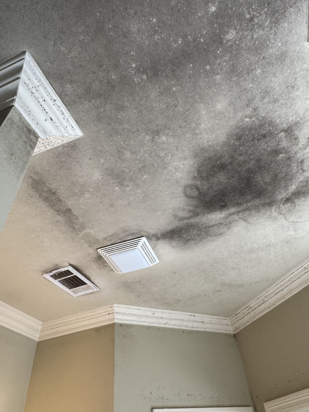 Dark clouding across a bathroom ceiling around the exhaust fan